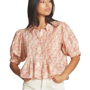 Trovata Birds of Paradise Jess Silk Floral Print Pintucked Puff Sleeve Top - S